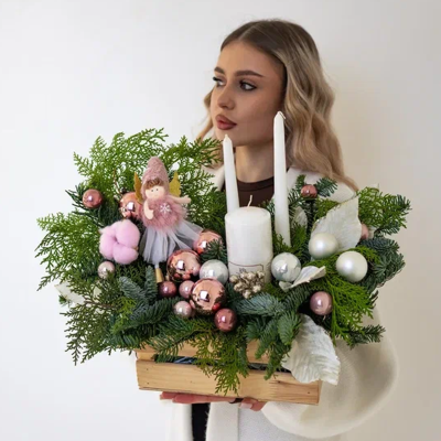 Композиция в ящике из хвои со свечами "Рождественское чудо"  N 90869