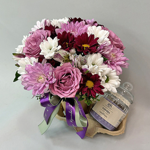 Сет "Лаванда". Набор стаканчик с цветами и аромасвечой в банке арт. 70396