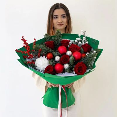 Букет из красных роз и нобилиса "Розы на морозе" N 91152